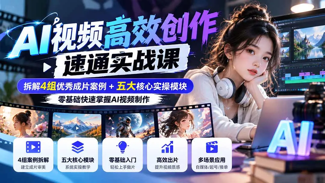 【无水印】AI视频高效创作速通实战课：拆解4组优秀成片案例+五大核心实操模块，零基础快速掌握AI视频制作 1