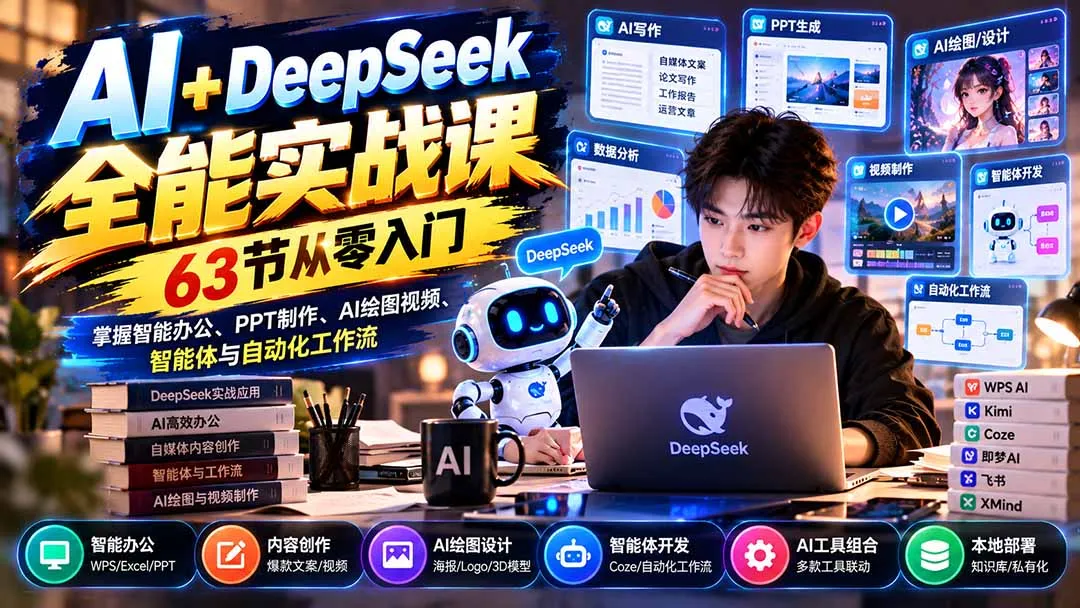 AI+DeepSeek全能实战课:63节从零入门,掌握智能办公、PPT制作、AI绘图视频、智能体与自动化工作流 1 AI+DeepSeek全能实战课:63节从零入门,掌握智能办公、PPT制作、AI绘图视频、智能体与自动化工作流 1