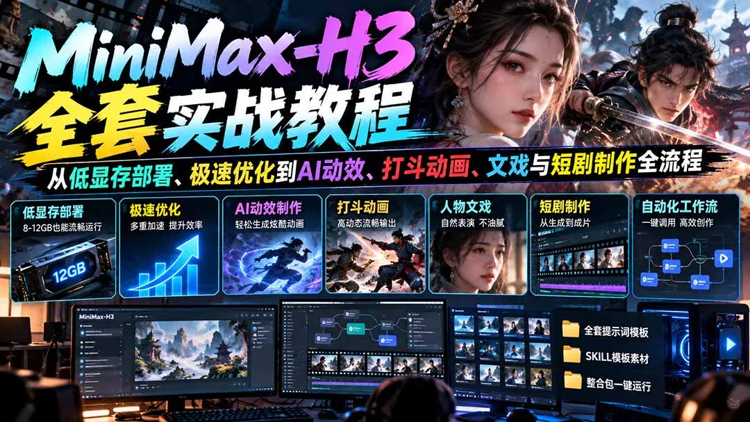 MiniMax-H3全套实战教程:从低显存部署、极速优化到AI动效、打斗动画、文戏与短剧制作全流程 1 MiniMax-H3全套实战教程:从低显存部署、极速优化到AI动效、打斗动画、文戏与短剧制作全流程 1