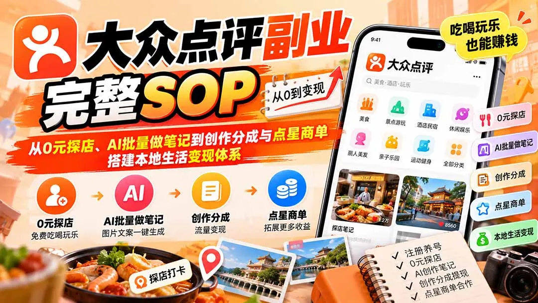 【无水印】大众点评副业完整SOP:从0元探店、AI批量做笔记到创作分成与点星商单,搭建本地生活变现体系 1 【无水印】大众点评副业完整SOP:从0元探店、AI批量做笔记到创作分成与点星商单,搭建本地生活变现体系 1