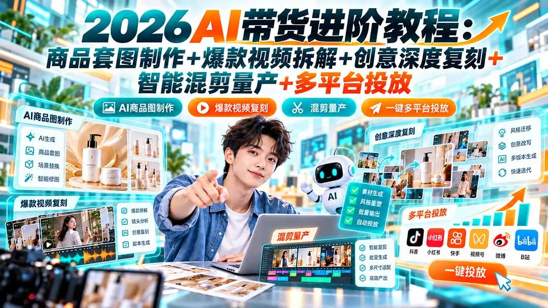 2026AI带货进阶教程:商品套图制作+爆款视频拆解+创意深度复刻+智能混剪量产+多平台投放 1 2026AI带货进阶教程:商品套图制作+爆款视频拆解+创意深度复刻+智能混剪量产+多平台投放 1