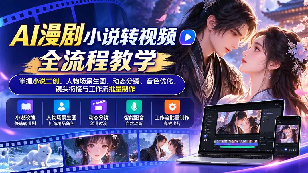 AI漫剧小说转视频全流程教学：掌握小说二创、人物场景生图、动态分镜、音色优化、镜头衔接与工作流批量制作 1