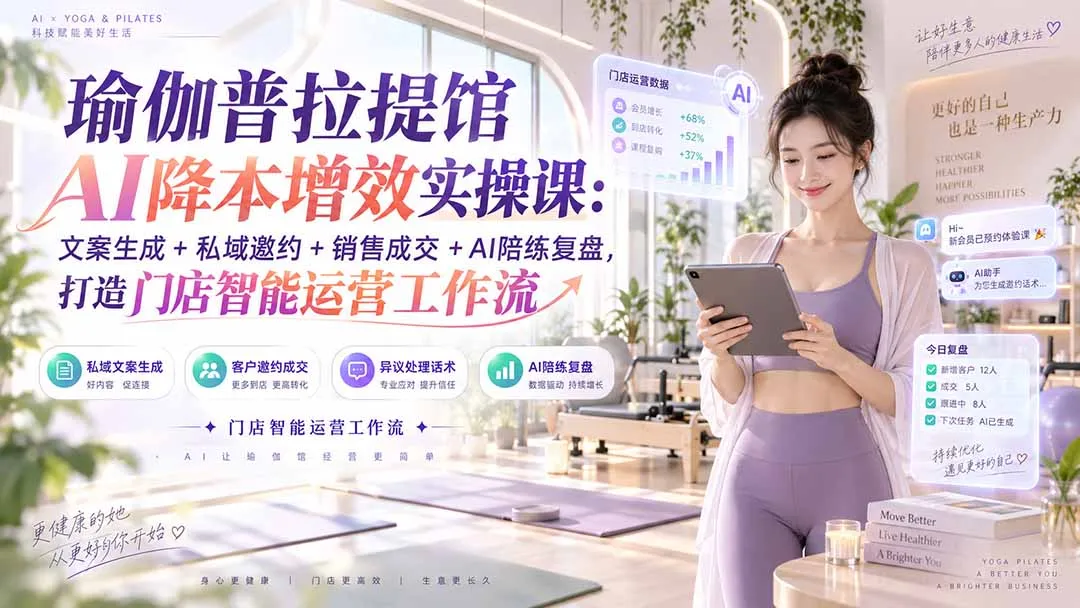 瑜伽普拉提馆AI降本增效实操课:文案生成+私域邀约+销售成交+AI陪练复盘,打造门店智能运营工作流 1 瑜伽普拉提馆AI降本增效实操课:文案生成+私域邀约+销售成交+AI陪练复盘,打造门店智能运营工作流 1