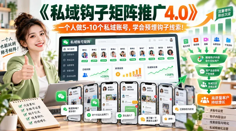 【无水印】《私域钩子矩阵推广4.0》一个人做5-10个私域账号，学会预埋钩子线索！