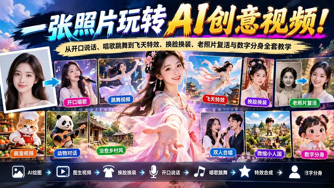 一张照片玩转AI创意视频!从开口说话、唱歌跳舞到飞天特效、换脸换装、老照片复活与数字分身全套教学 1 一张照片玩转AI创意视频!从开口说话、唱歌跳舞到飞天特效、换脸换装、老照片复活与数字分身全套教学 1