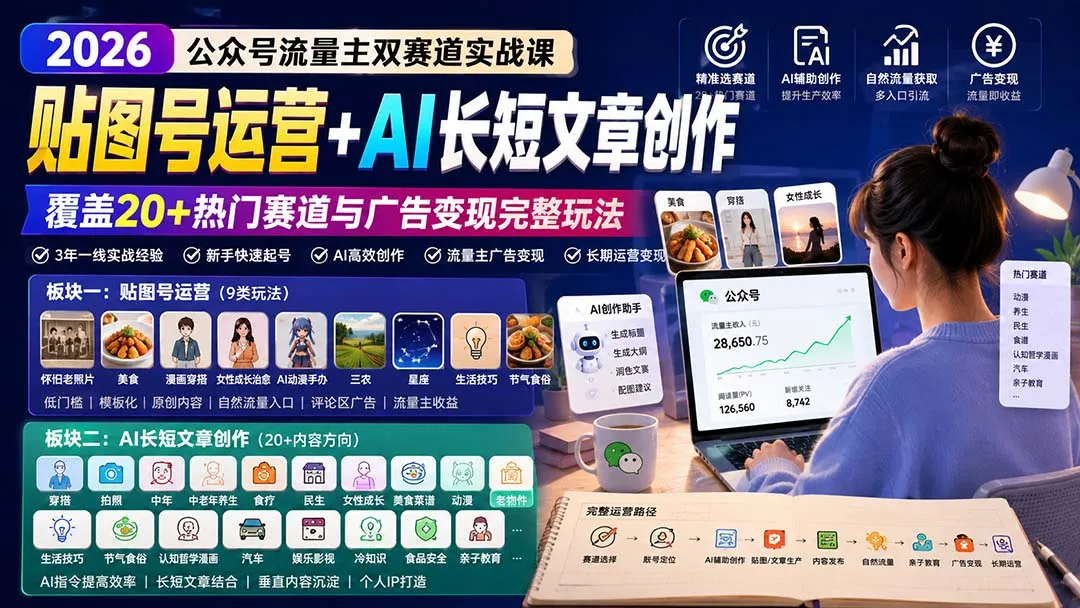 公众号流量主双赛道实战课:贴图号运营+AI长短文章创作,覆盖20+热门赛道与广告变现完整玩法 1 公众号流量主双赛道实战课:贴图号运营+AI长短文章创作,覆盖20+热门赛道与广告变现完整玩法 1