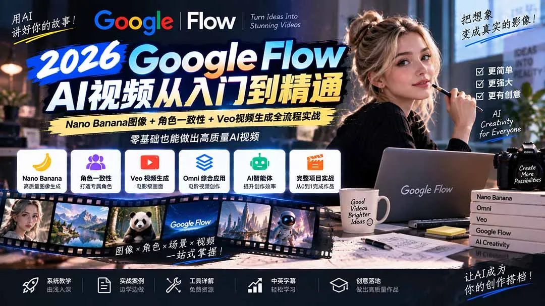 【无水印】Google Flow AI视频从入门到精通:Nano Banana图像+角色一致性+Veo视频生成全流程实战-精翻中英字幕 1 【无水印】Google Flow AI视频从入门到精通:Nano Banana图像+角色一致性+Veo视频生成全流程实战-精翻中英字幕 1