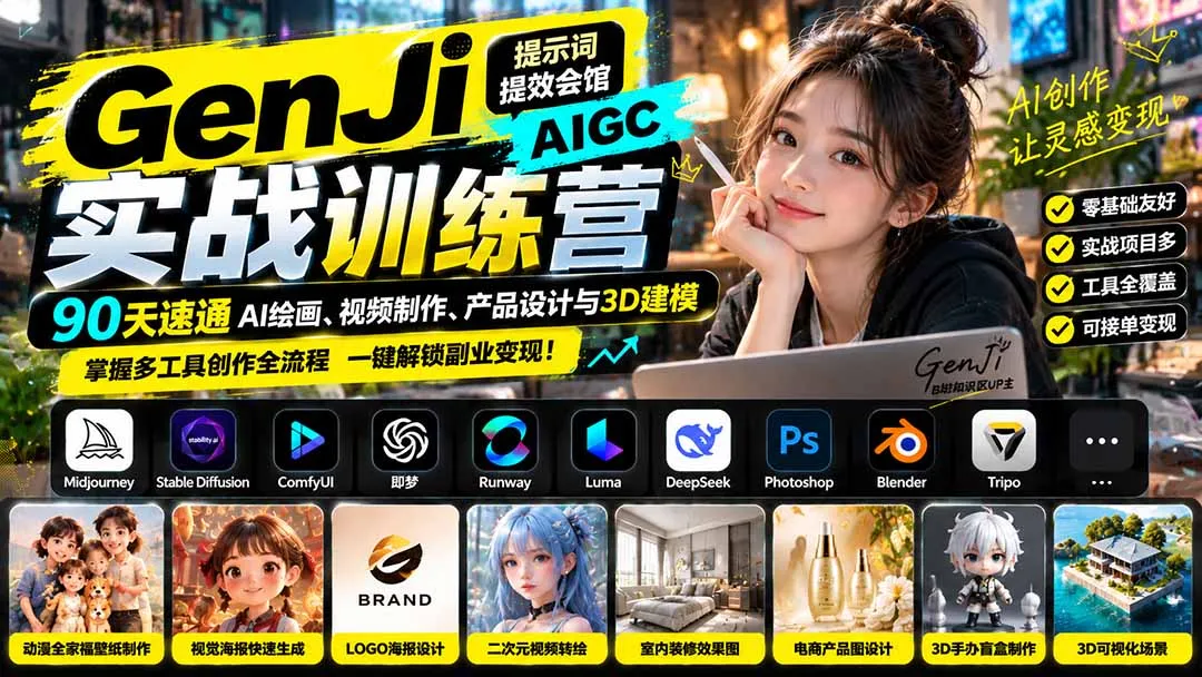 GenJi AIGC实战训练营：90天速通AI绘画、视频制作、产品设计与3D建模，掌握多工具创作全流程