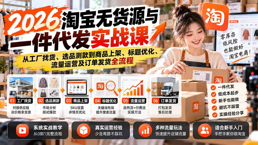 2026淘宝无货源与一件代发实战课：从工厂找货、选品测款到商品上架、标题优化、流量运营及订单发货全流程 1