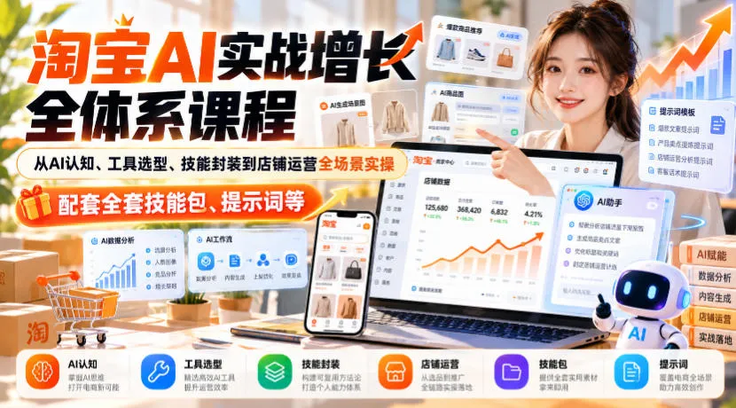 淘宝AI实战增长全体系课程，从AI认知、工具选型、技能封装到店铺运营全场景实操，配套全套技能包、提示词等
