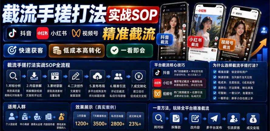 截流手搓打法实战SOP,抖音小红书视频号精准截流,快速获客,低成本高转化,一看即会 截流手搓打法实战SOP,抖音小红书视频号精准截流,快速获客,低成本高转化,一看即会