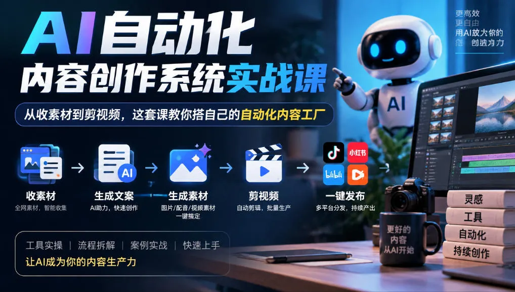 AI自动化内容创作系统实战课，从收素材到剪视频，这套课教你搭自己的自动化内容工厂