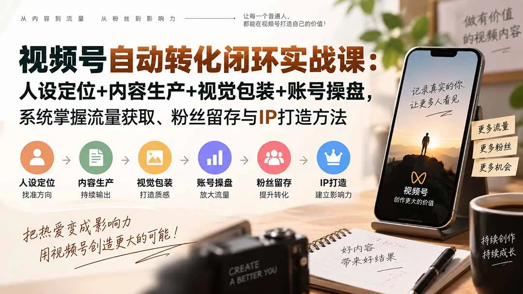 视频号自动转化闭环实战课:人设定位+内容生产+视觉包装+账号操盘,系统掌握流量获取、粉丝留存与IP打造方法 1 视频号自动转化闭环实战课:人设定位+内容生产+视觉包装+账号操盘,系统掌握流量获取、粉丝留存与IP打造方法 1