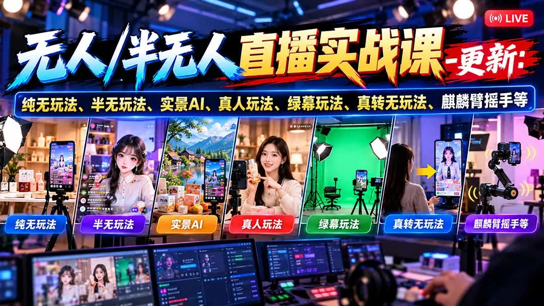 无人/半无人直播实战课-10月20更新：纯无玩法、半无玩法、实景AI、真人玩法、绿幕玩法、真转无玩法、麒麟臂摇手等