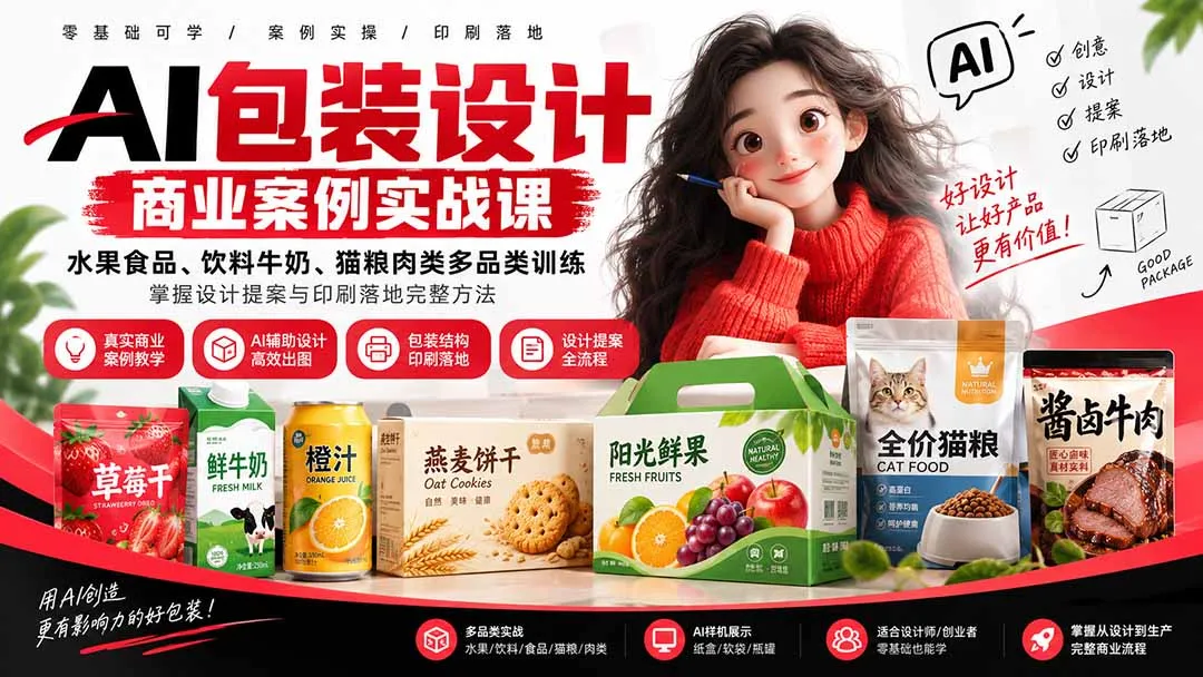AI包装设计商业案例实战课:水果食品、饮料牛奶、猫粮肉类多品类训练,掌握设计提案与印刷落地完整方法 1 AI包装设计商业案例实战课:水果食品、饮料牛奶、猫粮肉类多品类训练,掌握设计提案与印刷落地完整方法 1