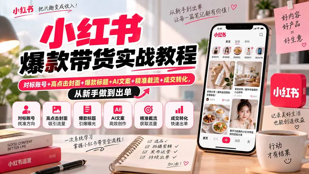 小红书爆款带货实战教程｜对标账号+高点击封面+爆款标题+AI文案+精准截流+成交转化，从新手做到出单 1