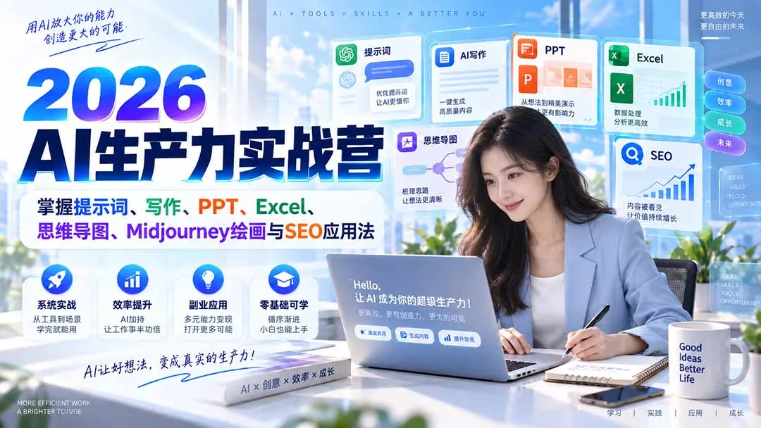 2026AI生产力实战营:掌握提示词、写作、PPT、Excel、思维导图、Midjourney绘画与SEO应用法 1 2026AI生产力实战营:掌握提示词、写作、PPT、Excel、思维导图、Midjourney绘画与SEO应用法 1
