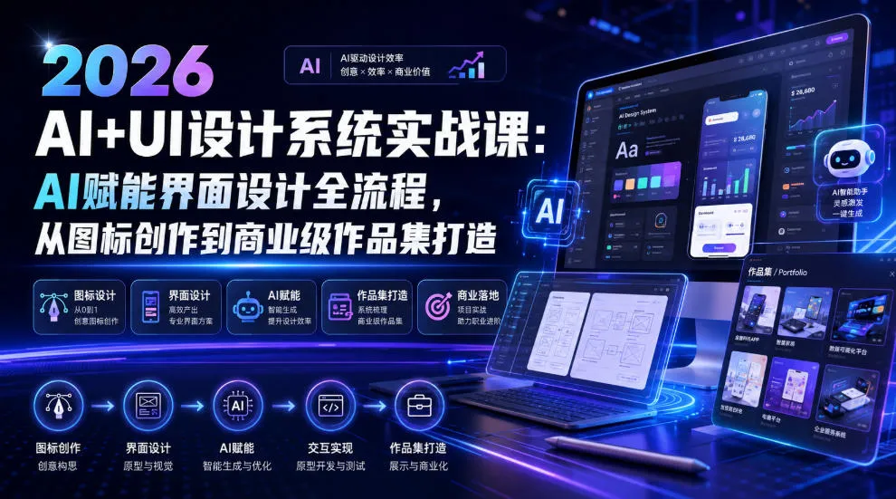 2026 AI+UI设计系统实战课：AI赋能界面设计全流程，从图标创作到商业级作品集打造