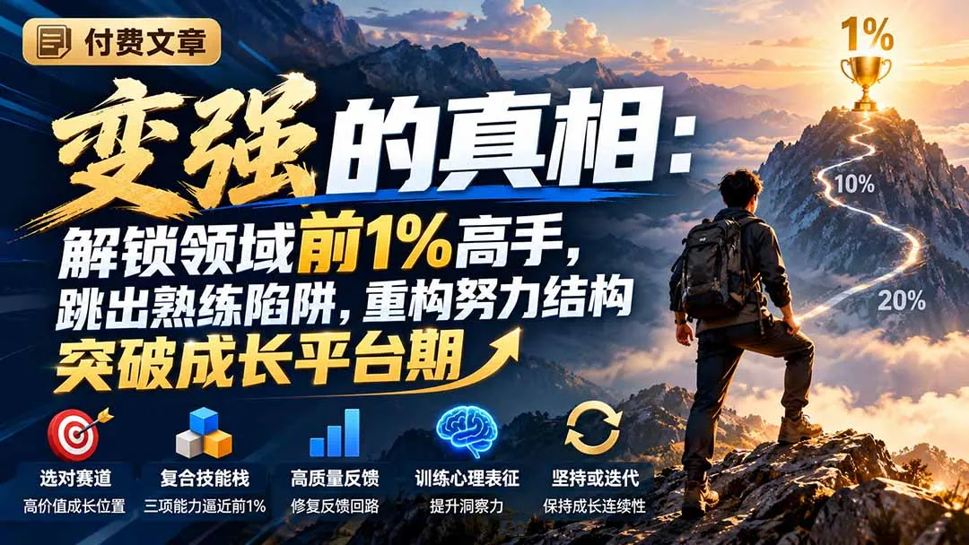 付费文章:变强的真相:解锁领域前1%高手,跳出熟练陷阱,重构努力结构突破成长平台期 1 付费文章:变强的真相:解锁领域前1%高手,跳出熟练陷阱,重构努力结构突破成长平台期 1