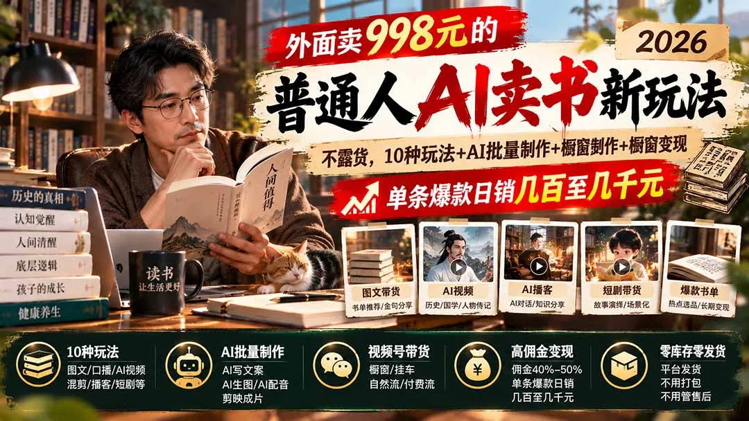 外面卖998元的2026普通人AI卖书新玩法：不露脸、不囤货，10种玩法+AI批量制作+橱窗变现，单条爆款日销几百至几千元 2