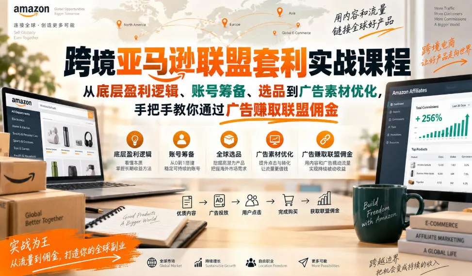 跨境亚马逊联盟套利实战课程，从底层盈利逻辑、账号筹备、选品到广告素材优化，手把手教你通过广告賺取联盟佣金