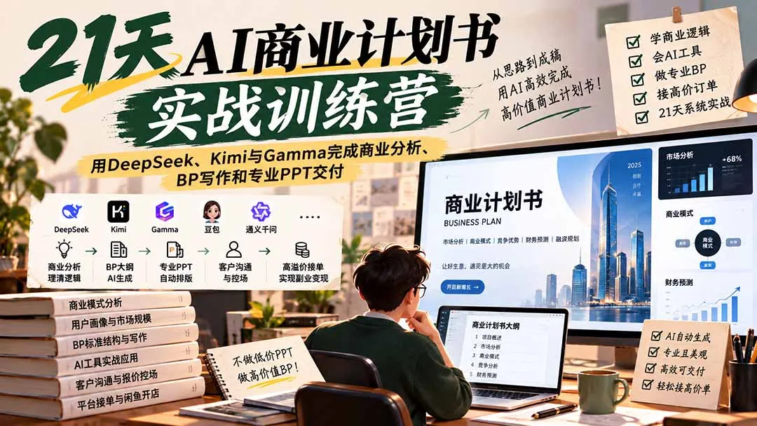 【无水印】21天AI商业计划书实战训练营:用DeepSeek、Kimi与Gamma完成商业分析、BP写作和专业PPT交付 1 【无水印】21天AI商业计划书实战训练营:用DeepSeek、Kimi与Gamma完成商业分析、BP写作和专业PPT交付 1