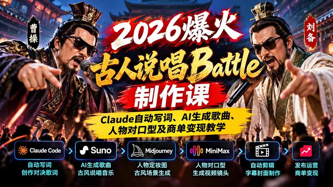 2026爆火古人说唱Battle制作课：Claude自动写词、AI生成歌曲、人物对口型及商单变现教学 1