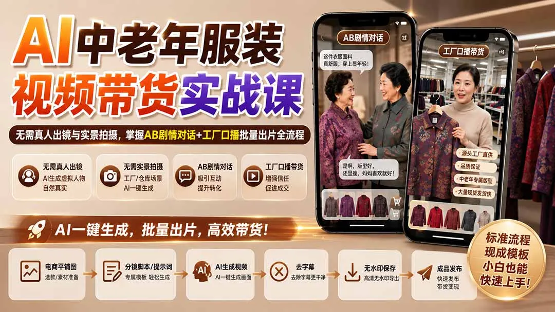 AI中老年服装视频带货实战课：无需真人出镜与实景拍摄，掌握AB剧情对话+工厂口播批量出片全流程 1