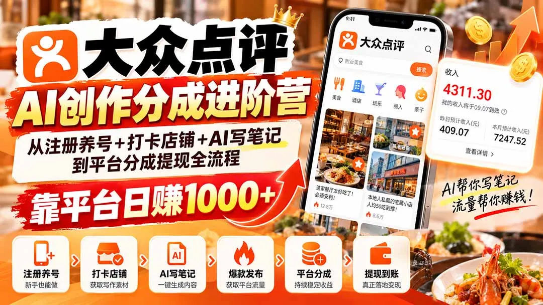 大众点评AI创作分成进阶营:从注册养号+打卡店铺+AI写笔记到平台分成提现全流程,靠平台日赚1000+ 1 大众点评AI创作分成进阶营:从注册养号+打卡店铺+AI写笔记到平台分成提现全流程,靠平台日赚1000+ 1