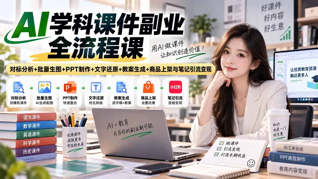 AI学科课件副业全流程课｜对标分析+批量生图+PPT制作+文字还原+教案生成+商品上架与笔记引流变现 1