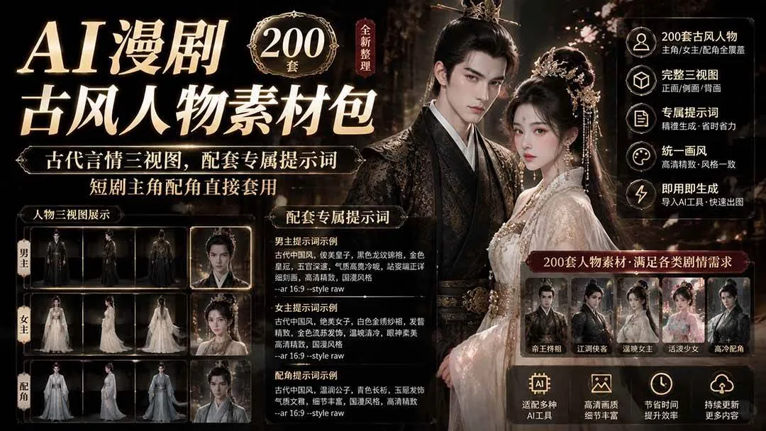 （19693期）AI漫剧古风人物素材包+提示词｜200 套古代言情三视图，配套专属提示词短剧主角配角直接套用