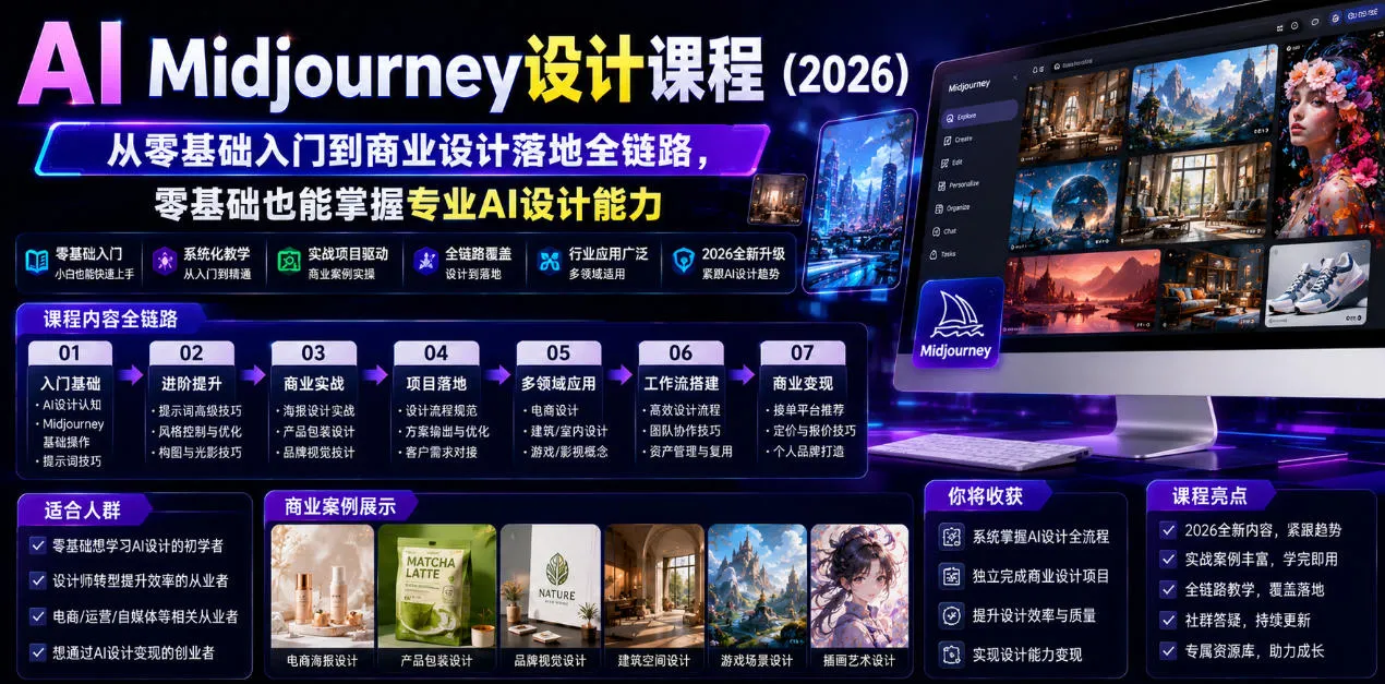 AI Midjourney设计课程(2026),从零基础入门到商业设计落地全链路,零基础也能掌握专业AI设计能力(更新1007) 1 AI Midjourney设计课程(2026),从零基础入门到商业设计落地全链路,零基础也能掌握专业AI设计能力(更新1007)