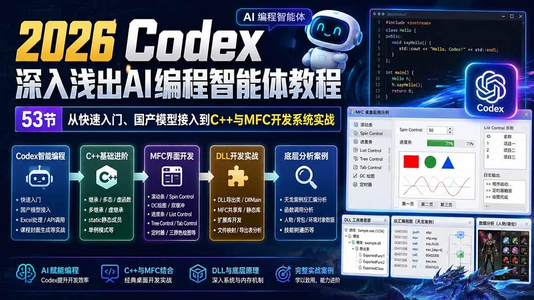 2026 Codex深入浅出AI编程智能体教程:53节从快速入门、国产模型接入到C++与MFC开发系统实战 1 2026 Codex深入浅出AI编程智能体教程:53节从快速入门、国产模型接入到C++与MFC开发系统实战 1