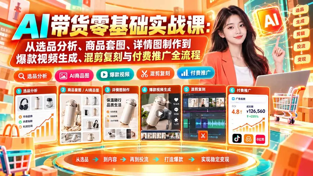 AI带货零基础实战课：从选品分析、商品套图、详情图制作到爆款视频生成、混剪复刻与付费推广全流程 1