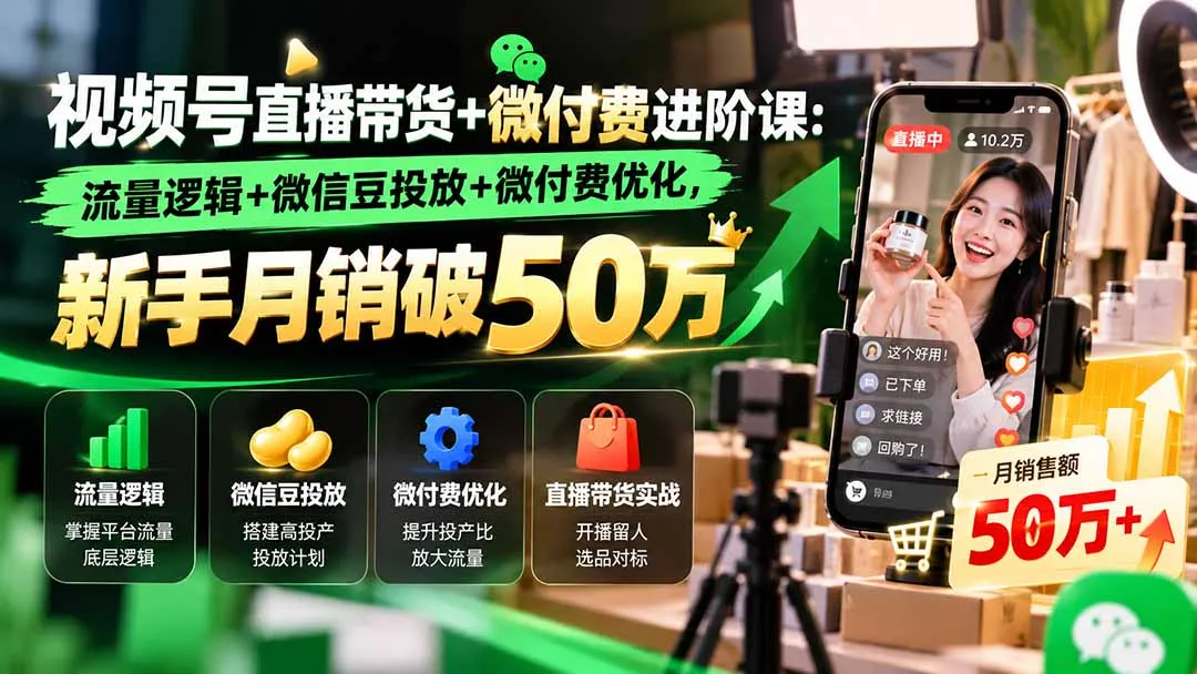 视频号直播带货+微付费进阶课-更新1010：流量逻辑+微信豆投放+微付费优化，新手月销破50万 1