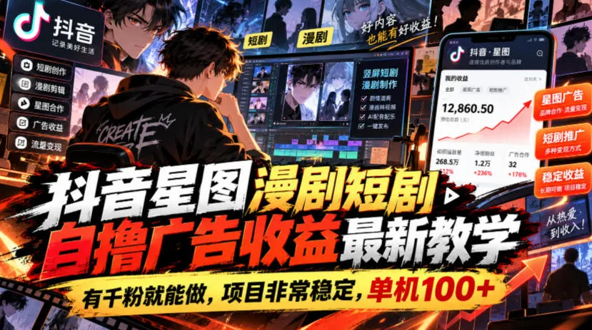 抖音星图漫剧短剧自撸广告收益最新教学，有千粉就能做，项目非常稳定，单机100+