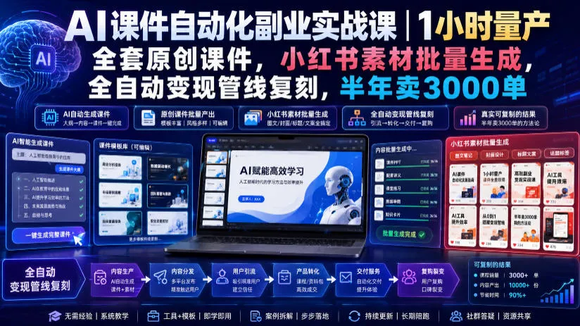 AI课件自动化副业实战课｜1小时量产全套原创课件，小红书素材批量生成，全自动变现管线复刻，半年卖3000单