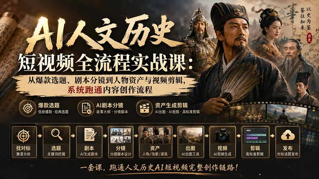 AI人文历史短视频全流程实战课-更新:从爆款选题、剧本分镜到人物资产与视频剪辑,系统跑通内容创作流程 1 AI人文历史短视频全流程实战课-更新:从爆款选题、剧本分镜到人物资产与视频剪辑,系统跑通内容创作流程 1