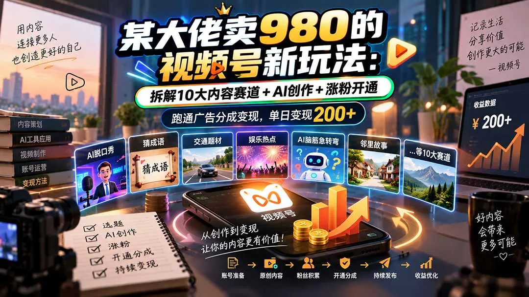 某大佬卖980的视频号新玩法：拆解10大内容赛道+AI创作+涨粉开通，跑通广告分成变现，单日变现200+ 2