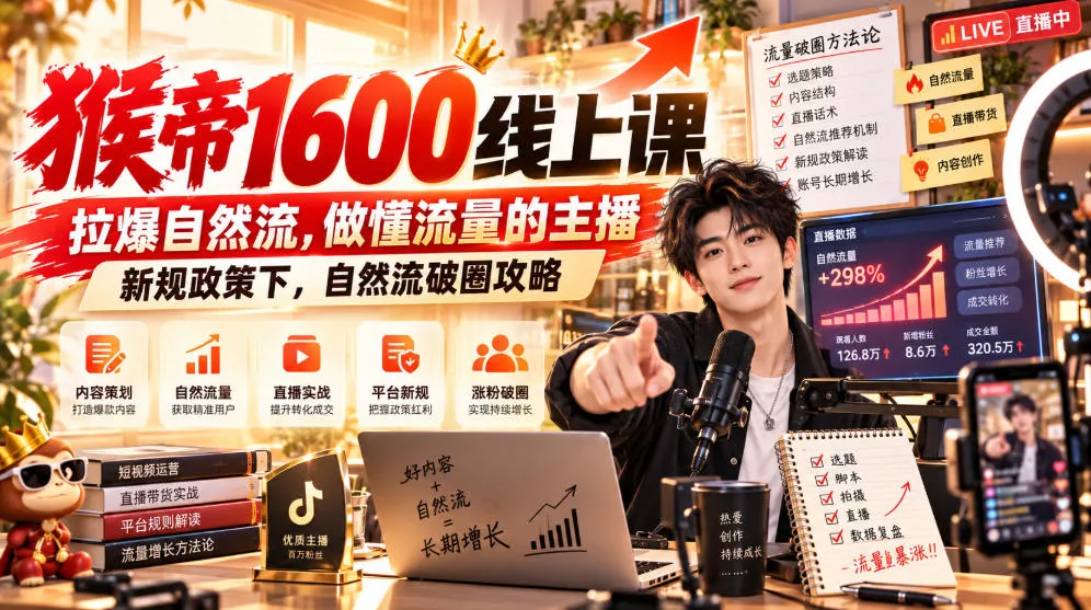 猴帝1600线上课，拉爆自然流，做懂流量的主播，新规政策下，自然流破圈攻略【更新260926】