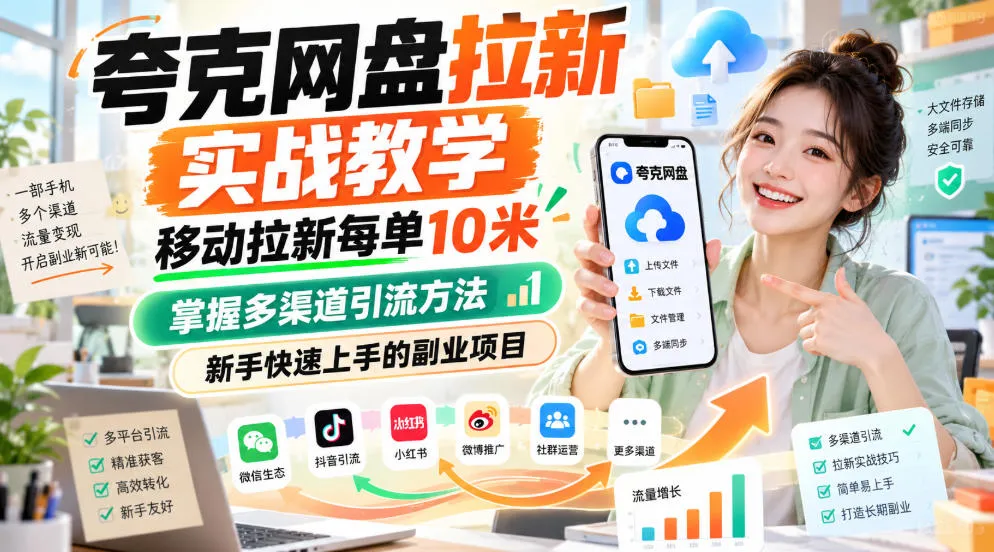 夸克网盘拉新实战教学，移动拉新每单10米，掌握多渠道引流方法，新手快速上手的副业项目(更新0929)