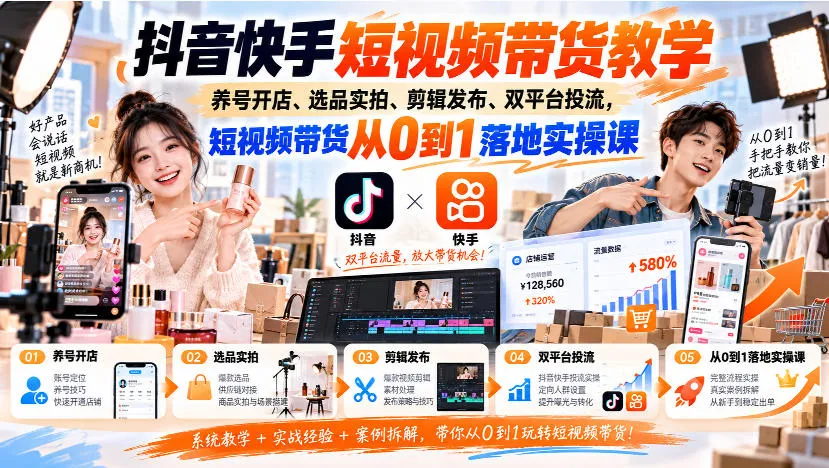抖音快手短视频带货教学|养号开店、选品实拍、剪辑发布、双平台投流,短视频带货从0到1落地实操课 1 抖音快手短视频带货教学|养号开店、选品实拍、剪辑发布、双平台投流,短视频带货从0到1落地实操课