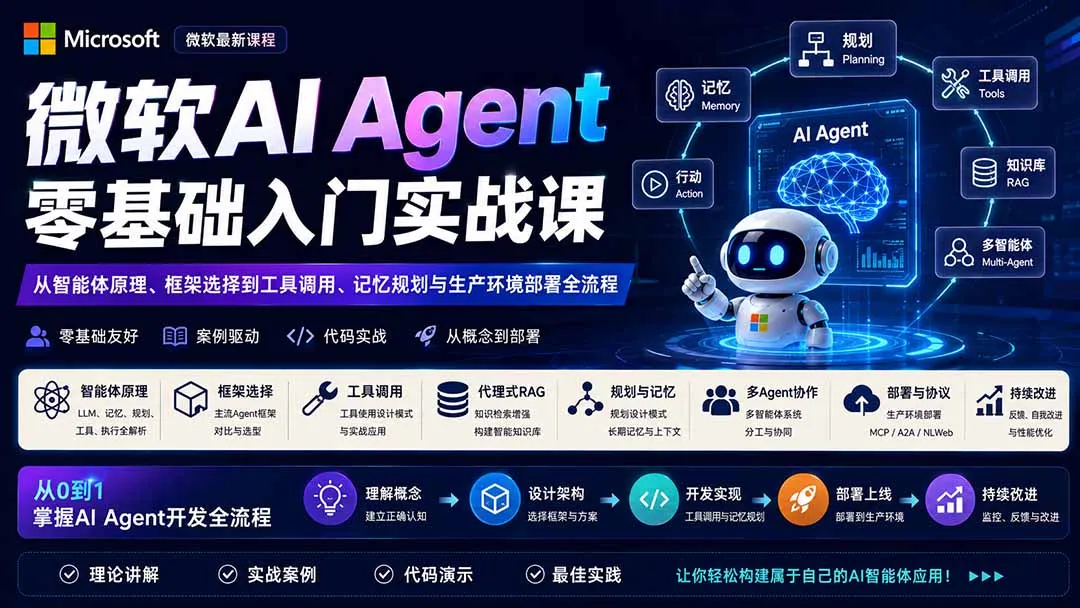 微软AI Agent零基础入门实战课：从智能体原理、框架选择到工具调用、记忆规划与生产环境部署全流程 1
