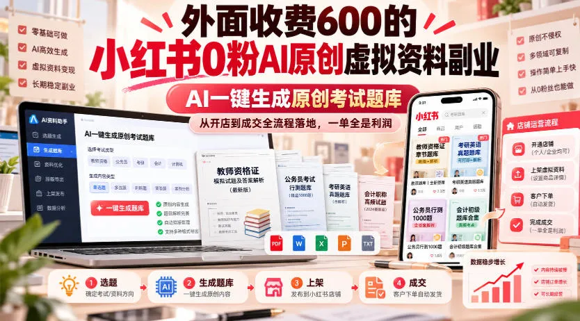 外面收费600的小红书0粉AI原创虚拟资料副业，AI一键生成原创考试题库，从开店到成交全流程落地，一单全是利润