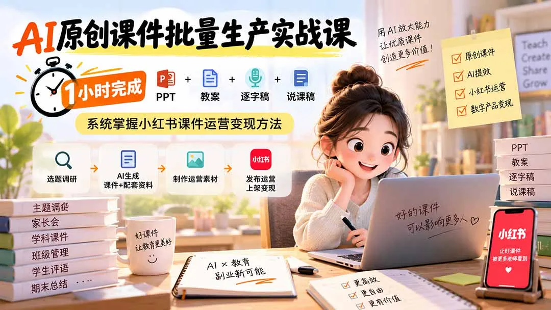 AI原创课件批量生产实战课：1小时完成PPT+教案+逐字稿+说课稿，系统掌握小红书课件运营变现方法 2