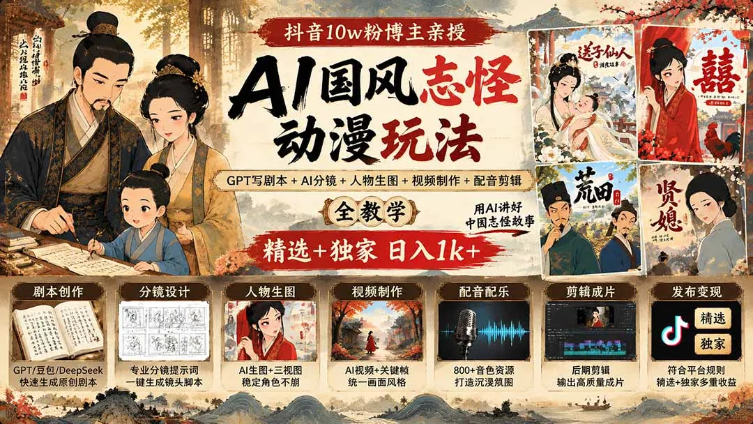 抖音10w粉博主亲授AI国风志怪动漫玩法｜GPT写剧本+AI分镜+人物生图+视频制作+配音剪辑全教学｜精选+独家日入1k+ 2