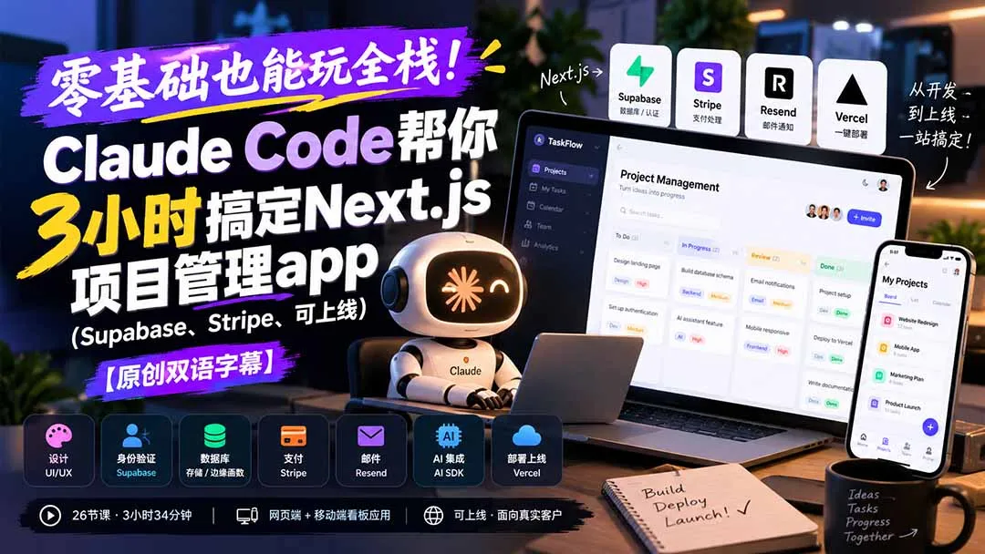 零基础也能玩全栈!Claude Code帮你3小时搞定Next.js项目管理app(Supabase、Stripe、可上线 1 零基础也能玩全栈!Claude Code帮你3小时搞定Next.js项目管理app(Supabase、Stripe、可上线 1