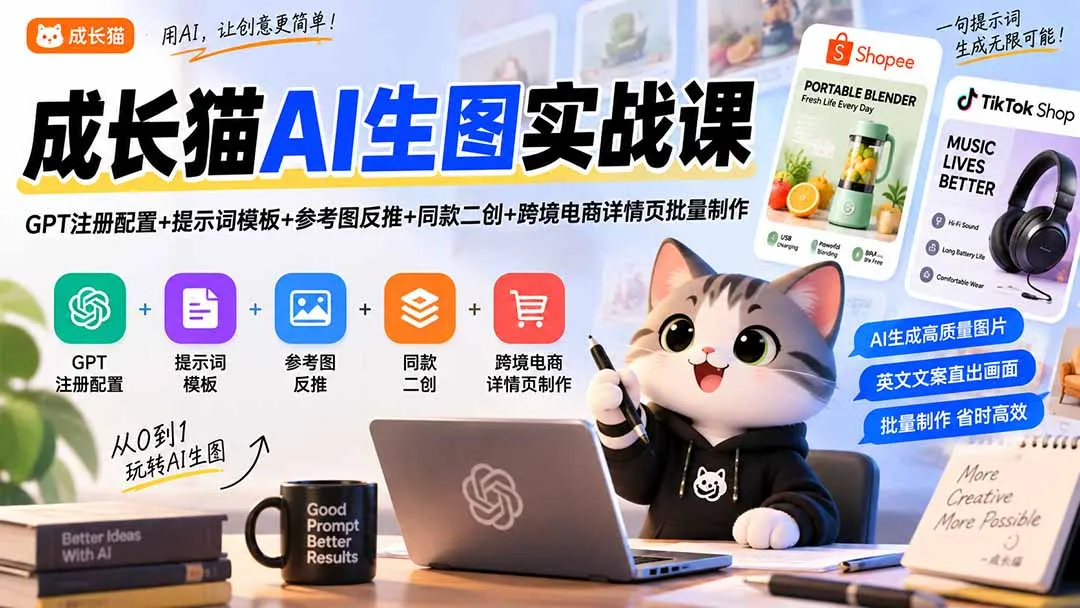 成长猫AI生图实战课｜GPT注册配置+提示词模板+参考图反推+同款二创+跨境电商详情页批量制作 1
