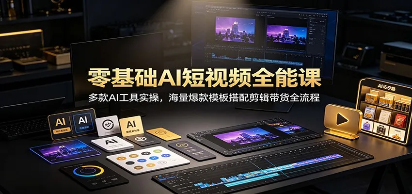 零基础AI短视频全能课:多款AI工具实操,海量爆款模板搭配剪辑带货全流程