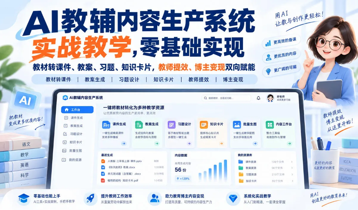 【无水印】AI教辅内容生产系统实战教学，零基础实现教材转课件、教案、习题、知识卡片，教师提效、博主变现双向赋能(更新0926)